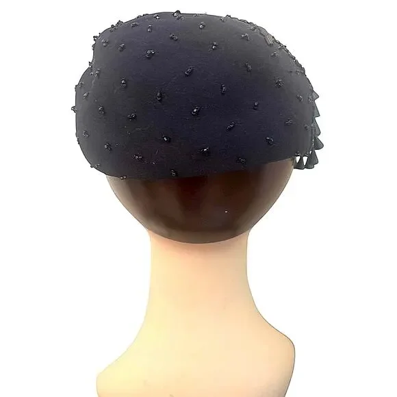 Vintage 1950s Jami Exclusive Navy Felt Cocktail Hat w/ Beaded Fringe & Sequins Vintage 1950s Evelyn Varon Exclusive Brown | Mercari main image 2